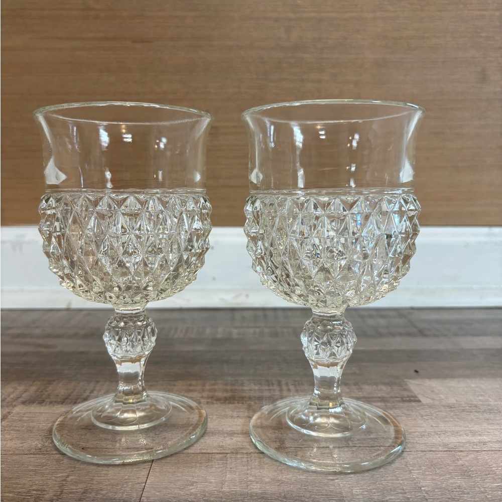 Indiana Glass Company Diamond Point Glass Wine Goblet 7 Inch Height Set of Two